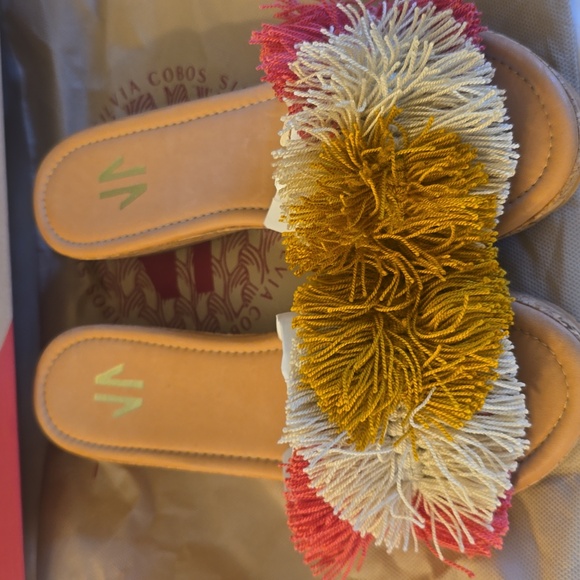 Silvia Cobos Mambo Tri-Color Fringe Wedge Slip-On Leather Sandals & Dust Bag New - Picture 2 of 9